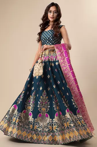 Dark-teal woven jacquard semi stitched lehenga