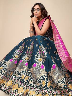 Dark-teal woven jacquard semi stitched lehenga 4