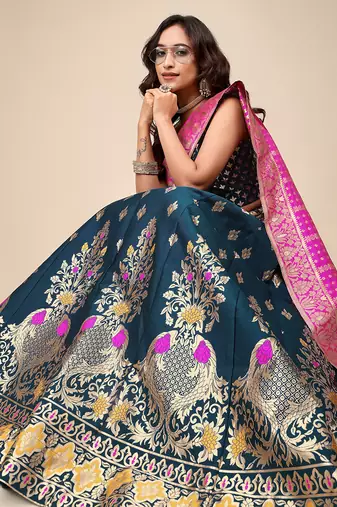 Dark-teal woven jacquard semi stitched lehenga