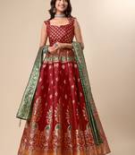 Red woven jacquard semi stitched lehenga