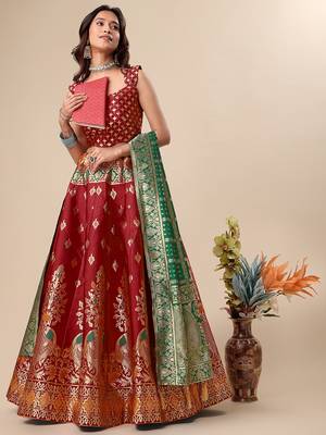 Red woven jacquard semi stitched lehenga choli 2