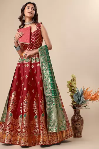 Red woven jacquard semi stitched lehenga choli