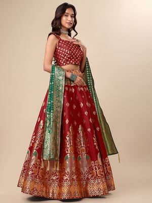 Red woven jacquard semi stitched lehenga choli 3