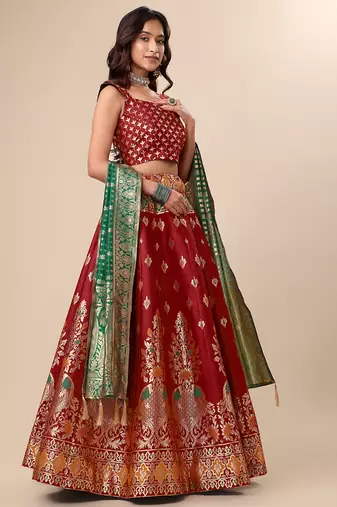Red woven jacquard semi stitched lehenga choli