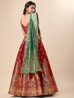 Red woven jacquard semi stitched lehenga choli 4