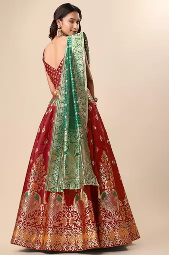 Red woven jacquard semi stitched lehenga choli