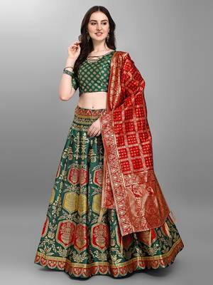 Dark-green woven jacquard semi stitched lehenga 1