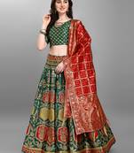 Dark-green woven jacquard semi stitched lehenga