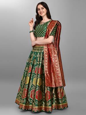 Dark-green woven jacquard semi stitched lehenga 2