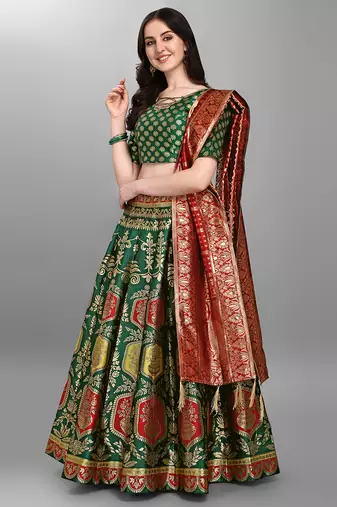 Dark-green woven jacquard semi stitched lehenga