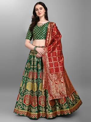 Dark-green woven jacquard semi stitched lehenga 3