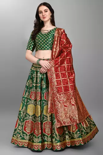 Dark-green woven jacquard semi stitched lehenga