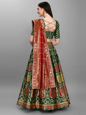 Dark-green woven jacquard semi stitched lehenga 4