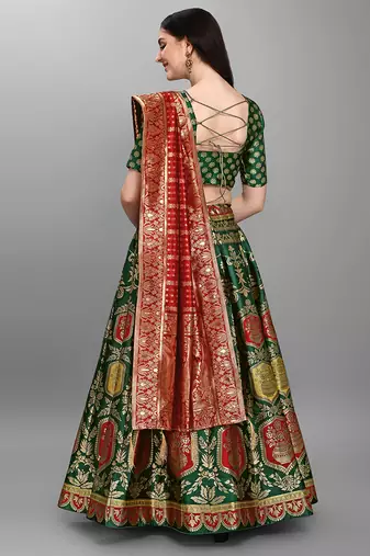 Dark-green woven jacquard semi stitched lehenga