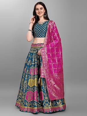 Turquoise woven jacquard semi stitched lehenga choli 1