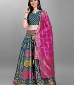 Turquoise woven jacquard semi stitched lehenga