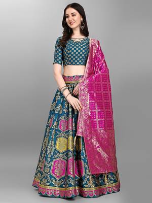 Turquoise woven jacquard semi stitched lehenga choli 2