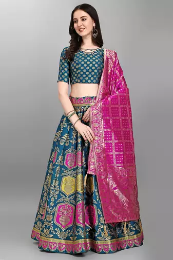 Turquoise woven jacquard semi stitched lehenga choli