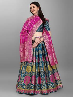 Turquoise woven jacquard semi stitched lehenga choli 3