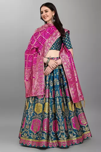 Turquoise woven jacquard semi stitched lehenga choli