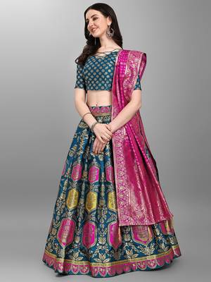 Turquoise woven jacquard semi stitched lehenga choli 4