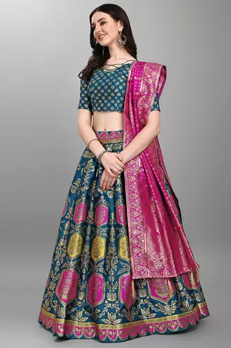 Turquoise woven jacquard semi stitched lehenga choli