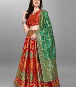 Red woven jacquard semi stitched lehenga