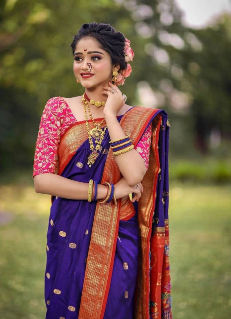 Purple Banarasi Silk Saree With Blouse Piece
