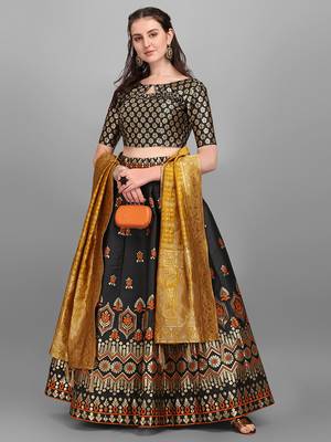Black woven jacquard semi stitched lehenga 1