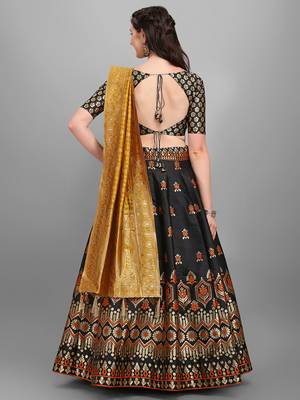 Black woven jacquard semi stitched lehenga 4