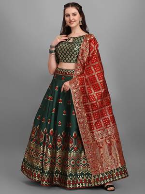 Dark-green woven jacquard semi stitched lehenga 1