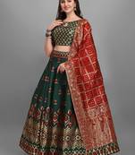 Dark-green woven jacquard semi stitched lehenga