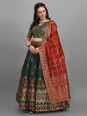 Dark-green woven jacquard semi stitched lehenga 2
