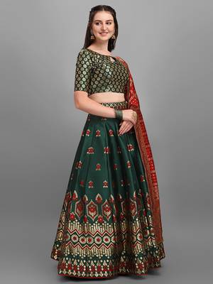 Dark-green woven jacquard semi stitched lehenga 3