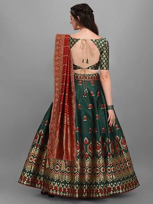 Dark-green woven jacquard semi stitched lehenga 4