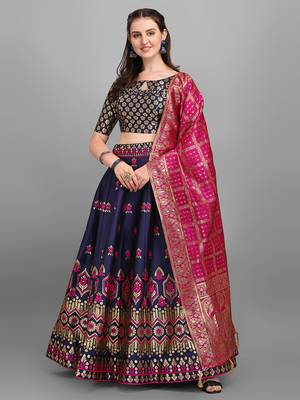 Navy-blue woven jacquard semi stitched lehenga 1