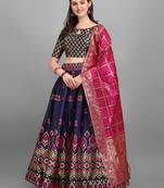 Navy-blue woven jacquard semi stitched lehenga