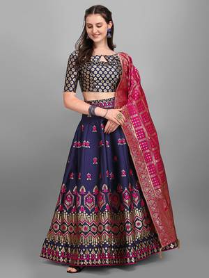Navy-blue woven jacquard semi stitched lehenga 2