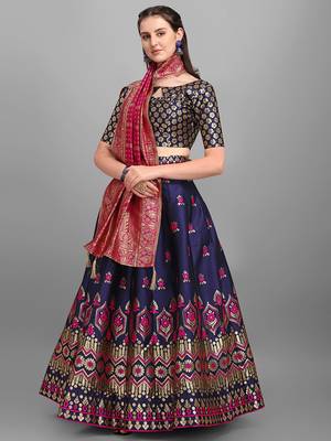 Navy-blue woven jacquard semi stitched lehenga 3