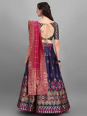 Navy-blue woven jacquard semi stitched lehenga 4