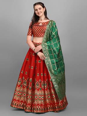 Red woven jacquard semi stitched lehenga 1