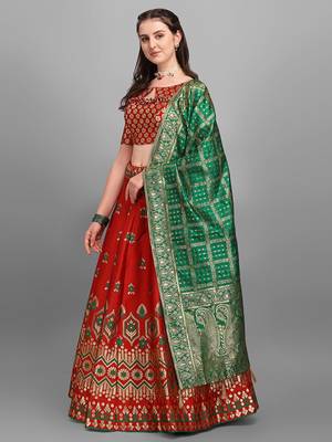 Red woven jacquard semi stitched lehenga 2