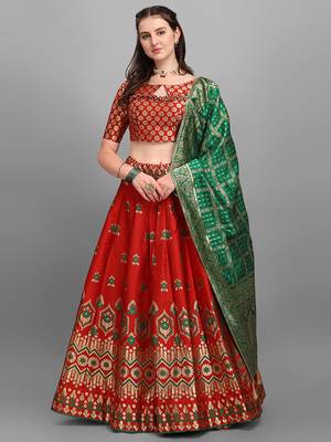 Red woven jacquard semi stitched lehenga 3