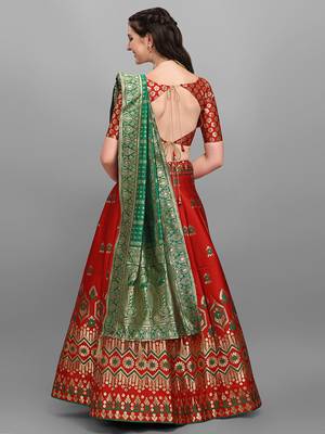 Red woven jacquard semi stitched lehenga 4