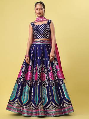 Navy-blue woven jacquard semi stitched lehenga choli 1