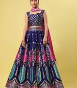 Navy-blue woven jacquard semi stitched lehenga