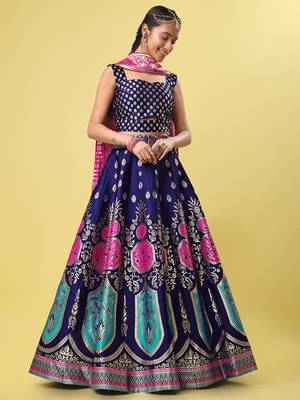 Navy-blue woven jacquard semi stitched lehenga choli 2