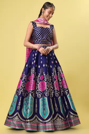 Navy-blue woven jacquard semi stitched lehenga choli