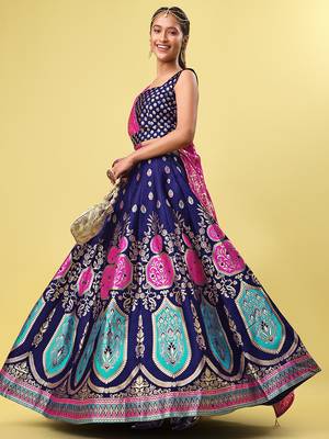 Navy-blue woven jacquard semi stitched lehenga choli 3