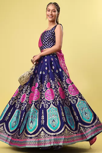 Navy-blue woven jacquard semi stitched lehenga choli